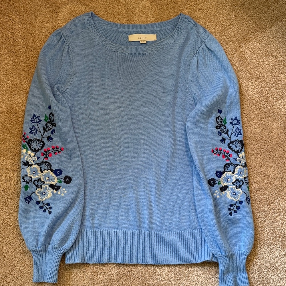 LOFT Sky Blue Crewneck Sweater with Embroidered Floral Puff Sleeves